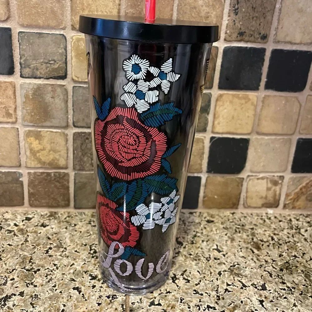 Starbucks LOVE Valentines Rare Tattoo Stitch 24 Ounce Tumbler EUC